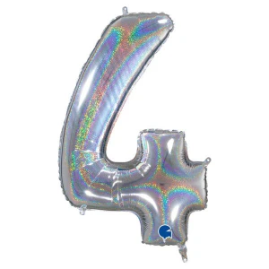 26 Inch (66 cm) Grabo Number Four Glitter Holographic Silver folie ballon